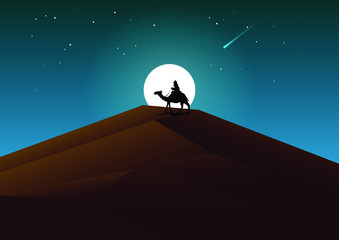 Desert mountains at night, Full moon in the blue sky, Traveling at night, Illustration design.