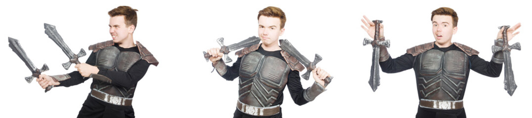 Young funny man in armour suit 