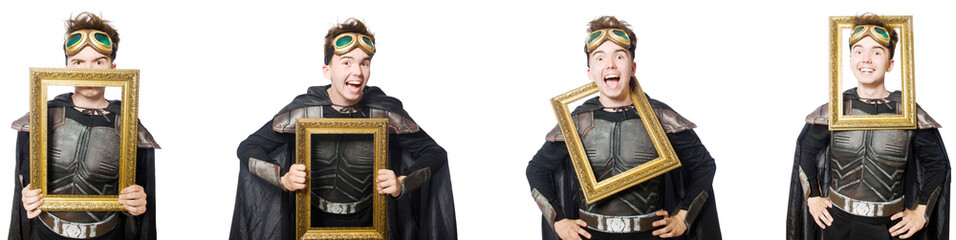 Young funny man in armour suit 