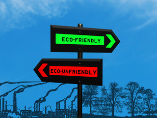 Obraz premium Eco-friendly vs eco-unfriendly 3d sign concept on a signpost against a blue sky background and juxtaposed heavy industry and landscape silhouettes