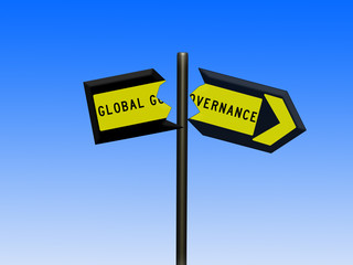 Broken global governance 3d sign concept on a signpost against a blue gradient background