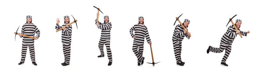 Prison inmate with axe isolated on white