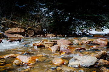 Fototapeta na wymiar Colorado Rocky Mountains National Park. Bear Creek. Mountain river runs through the forest in the spring. Stones and rocks in the water