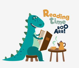 Cute dinosaur reads a book. Funny tyrannosaur drinking tea on the table