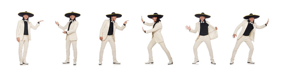 Funny mexican in suit and sombrero isolated on white