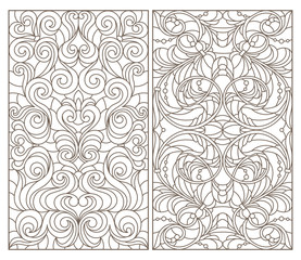 Set contour illustrations of stained glass with abstract swirls and flowers , dark contours on a white background