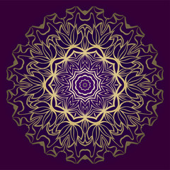 Design Floral Mandala Ornament. Vector Illustration. For Coloring Book, Greeting Card, Invitation, Tattoo. Anti-Stress Therapy Pattern. Luxury purple gold color