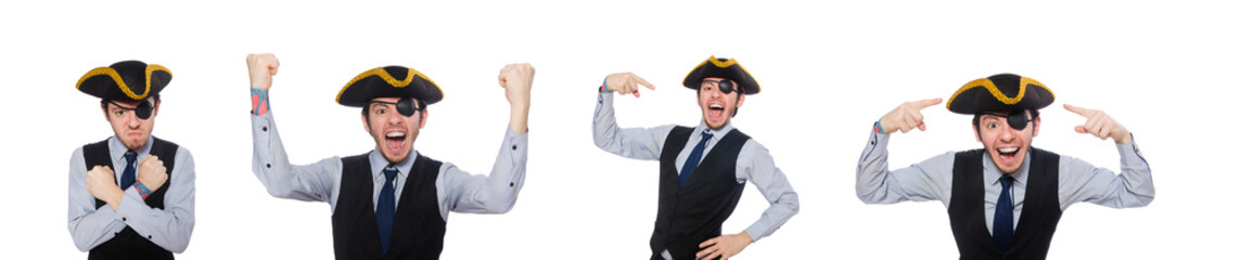 One-eyed man with tricorn isolated on white     