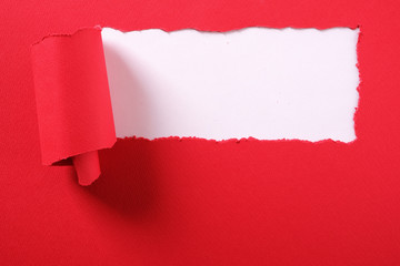 Torn red paper strip curled edge border white background