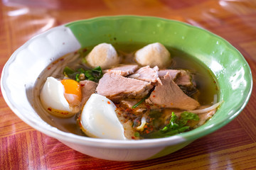 Thai Style Clear Vegetable Soup with Beef, Meet Balls and Egg.