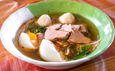 Thai Style Clear Vegetable Soup with Beef, Meet Balls and Egg.