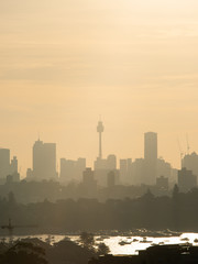 Sydney skyline silhouette under the hazy summer sunlight.