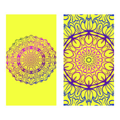 Floral Banners. Ethnic Mandala Ornament. Vector Illustration. For Greeting Card, Coloring Book, Invitation Print. Purple gradient color on yellow background