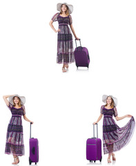 Young woman with suitcase isolated on white 