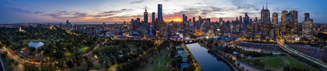 Melbourne Australia March 28th 2019 : Panoramic view of the beautiful city of Melbourne as captured from above the Yarra river at sunset