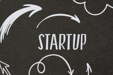 Eine Tafel, Pfeile und Hinweis auf Startup
