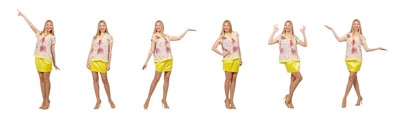 Woman pressing virtual button isolated on white