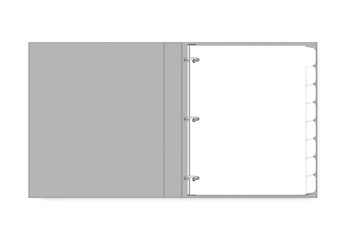 3 ring binder filled with hole punched white paper with tab dividers letter size, mockup. Open refillable blank notebook, vector template