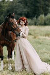 The bride on a horse in the field. Beautiful wedding and photo shoot with a horse.