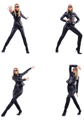 Fototapeta na wymiar Dancing woman in black leather costume