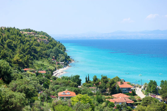 Panoramic view of azure mediterranean sea, Afytos, Greece