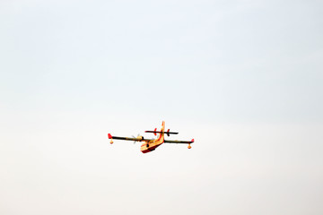 Flying seaplane in the sky