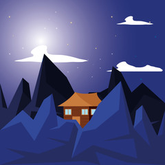 log cabin wooden in night landscape