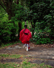 the fleeing girl in the national costume red kimono