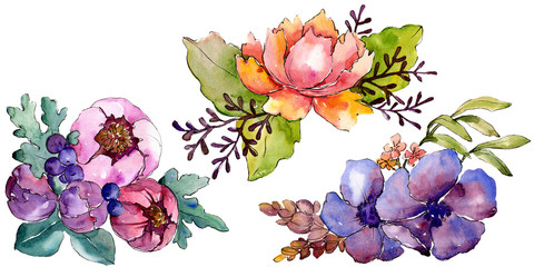 Blue purple bouquet floral botanical flowers. Watercolor background set. Isolated bouquets illustration element.