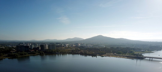 Panoramic view of Canberra (Australia) in daytime, featuring Lake Burley Griffin, Molonglo River,...