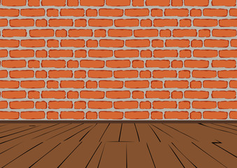 Brick wall of red brick. Wooden floor.