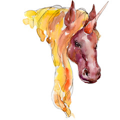 Cute unicorn horse animal horn character. Watercolor background illustration set. Isolated unicorn illustration element.