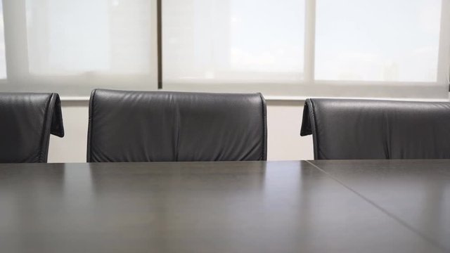 meeting room and glass window with curtain in the work office with wood table and chair or seat for presentation concurrent on 4K motion pan