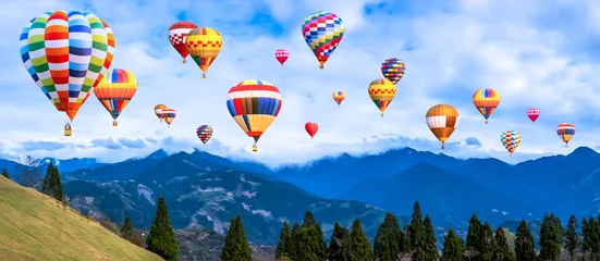 Poster Colorful hot air balloon fly over mountain landscape of Taiwan 2 © npstockphoto