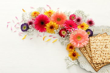 Pesah celebration concept (jewish Passover holiday). Top view flat lay