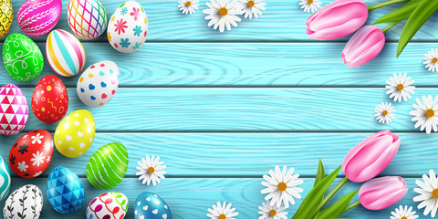 Happy Easter background template with colorful Easter Eggs and flower on wood table background.Handwriting inscription Easter Day.Promotion and shopping template for Easter Day.Vector EPS10