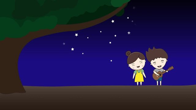 Cartoons play guitar and sing happily on the beautiful background of night sky with many stars.
