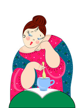 A flat drawing of a simpering Woman drinking tea. A blue handkerchief is draped over her shoulders. Drink tea and coffee. Artistic drawing. Isolated, beige. Vector