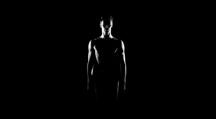 Black and white silhouette of male ballet dancer. Long monochrom horizontal image.