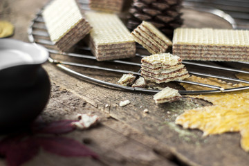 Sweet russian artek waffles on wooden background, with a pot of milk. Traditional sweets and dessert.