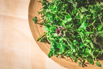 Fresh wild edible weeds on a wooden plate