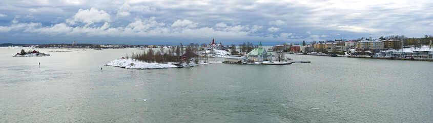 Panorama of the South Harbor on a cloudy March morning. Helsinki, Finland