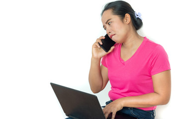 woman using laptop on white background ,Unhappy and angry mood.
