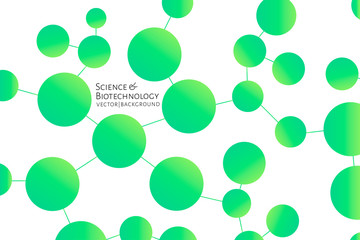 Modern background with green chemical bonds, molecules pattern. Medicine, science, biotechnology, pharmacology innovation concept. Place for text. White backdrop. Vector EPS 10 illustration.