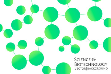 Modern background with green chemical bonds, molecules pattern. Medicine, science, biotechnology, pharmacology innovation concept. Place for text. White backdrop. Vector EPS 10 illustration.
