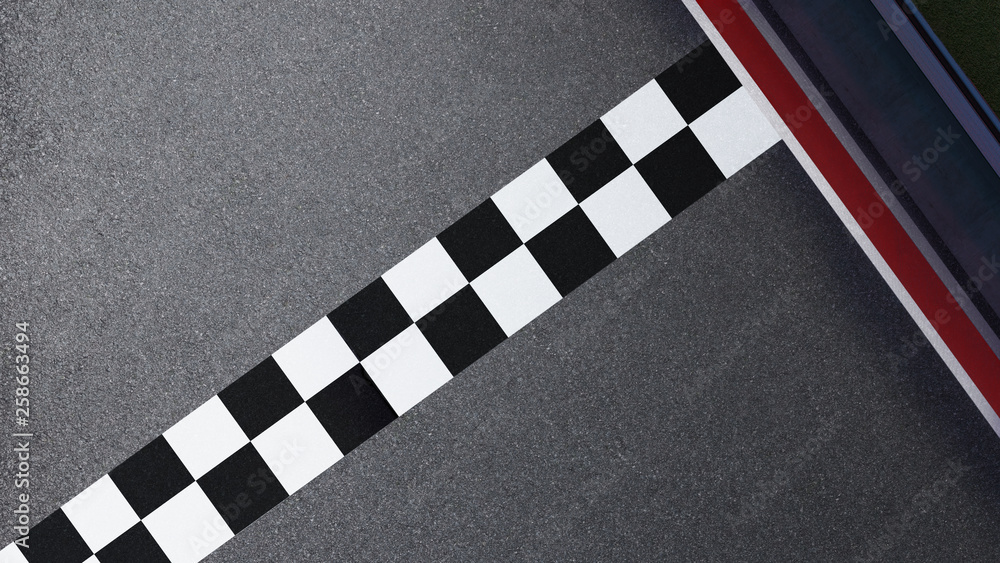 Poster top aerial view empty asphalt international race track with start and finish line. 3d rendering