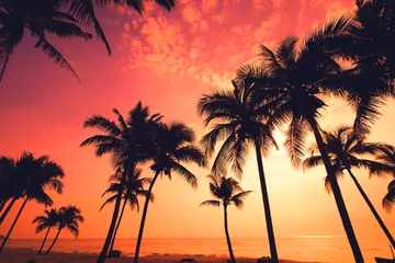 Fotobehang Silhouette of tropical beach during sunset twilight. seascape of summer beach and palm tree at sunset. vintage color tone © jakkapan