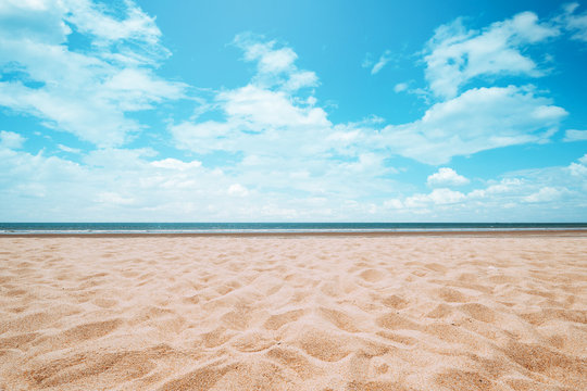 Seascape Of Beautiful Tropical Beach With Calm Sky. Sea View And Sand Beach, Summer Background.