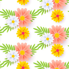 Colorful floral seamless pattern with chamomile isolated on white. Vector illustration