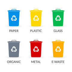 Trash can icon set with recycle sign. Garbage bin or basket collection with recycling symbol. Vector illustration.
